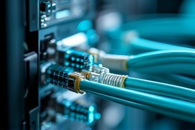 Vista ravvicinata di cablaggio in fibra ottica