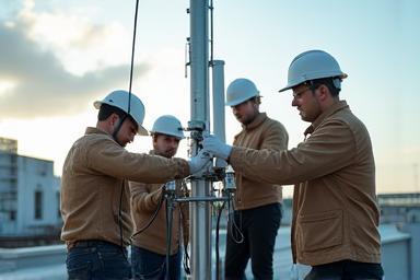 Team di specialisti wireless che configura antenne