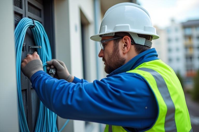 Tecnico che installa fibra ottica in un edificio