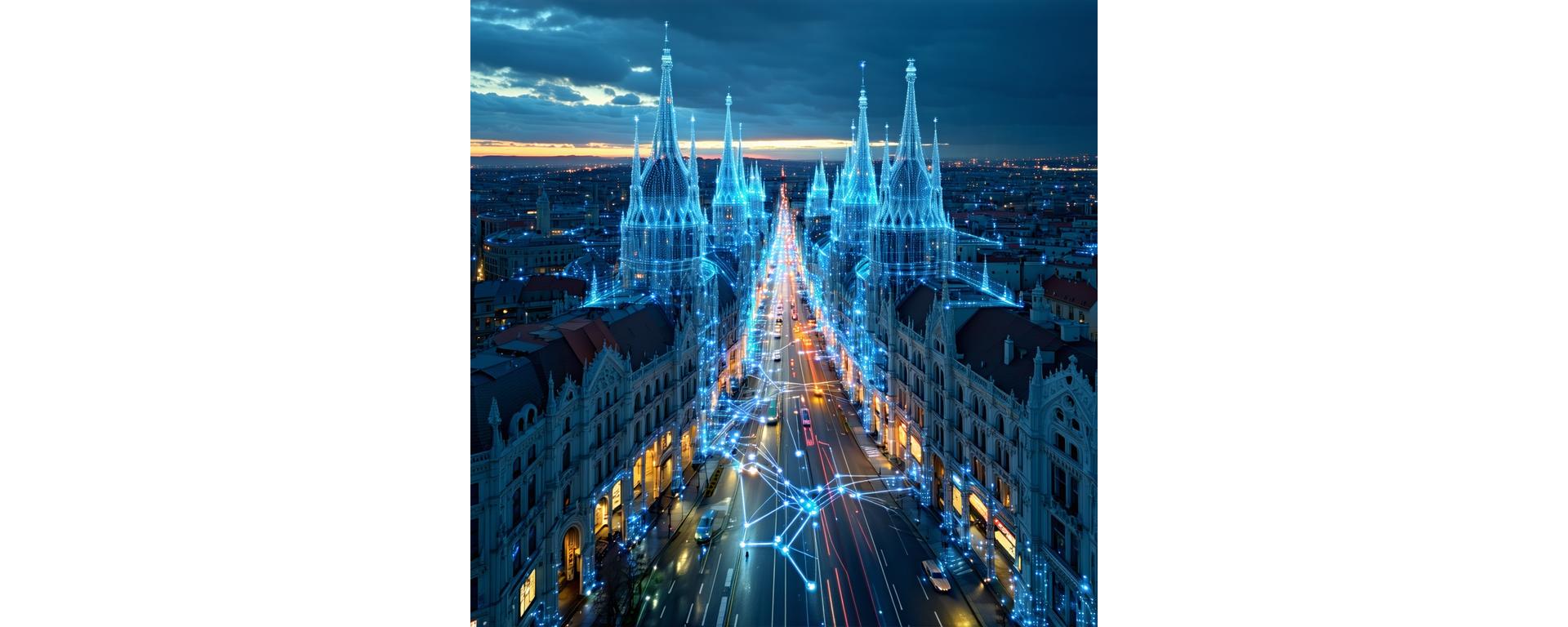 Vista aerea di Milano con infrastrutture tecnologiche moderne e reti digitali luminose