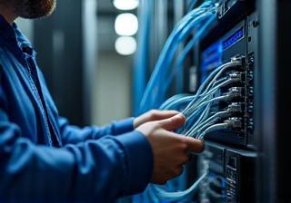 Tecnico posiziona cavi in fibra ottica